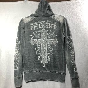 Affliction grey zip-up sweatshirt with rhinestones